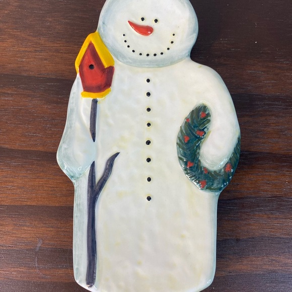 Handpainted Snowman Chip Dip Ceramic Pottery Serving Tray / Tabletops - Picture 2 of 4